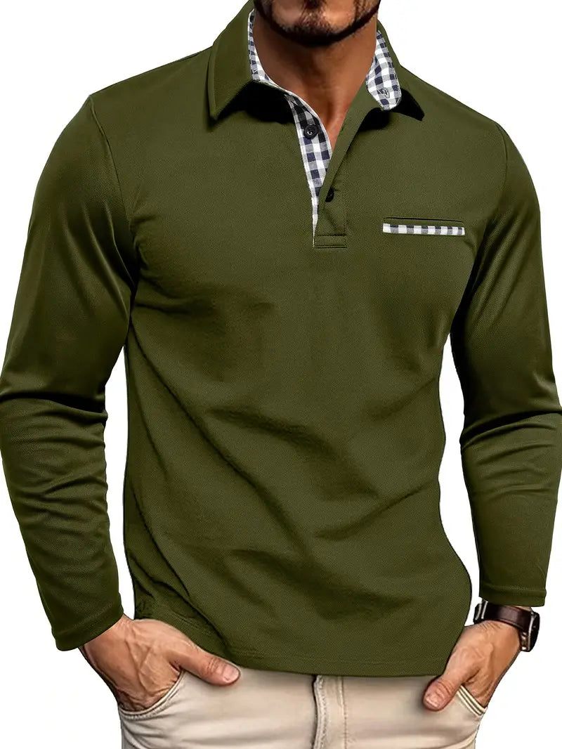 Men's Long Sleeve Polo Shirt Winter Warm Classic Casual Navy