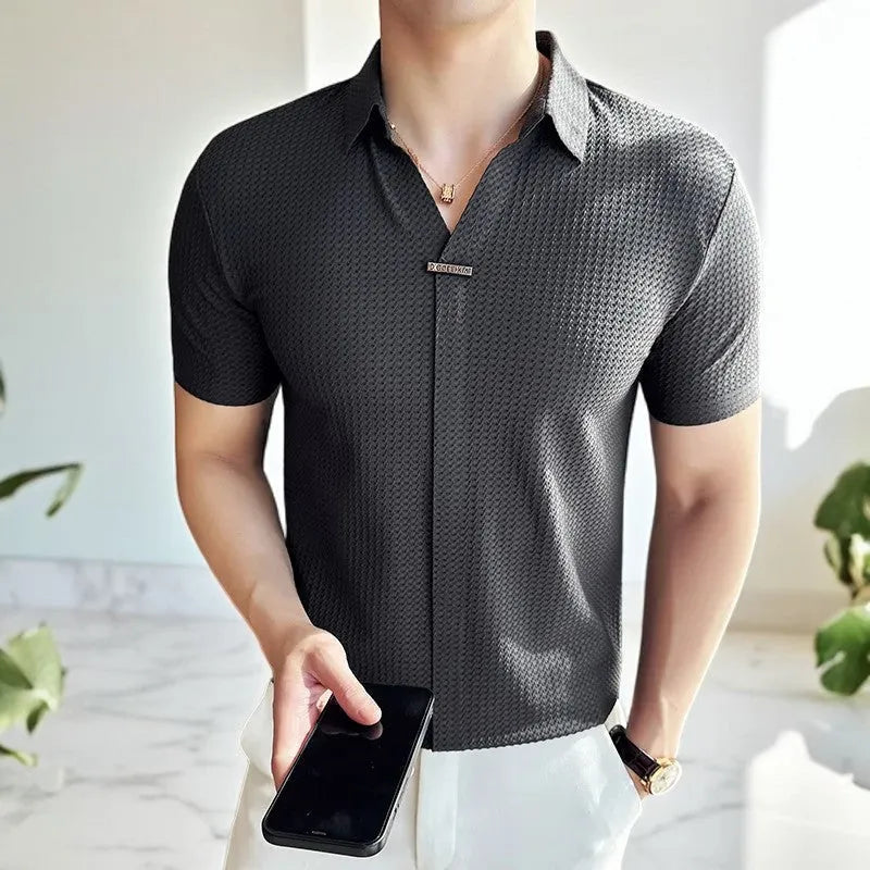 Men's Slim Fit Polo Shirt Short Sleeve V-Neck Smart Casual