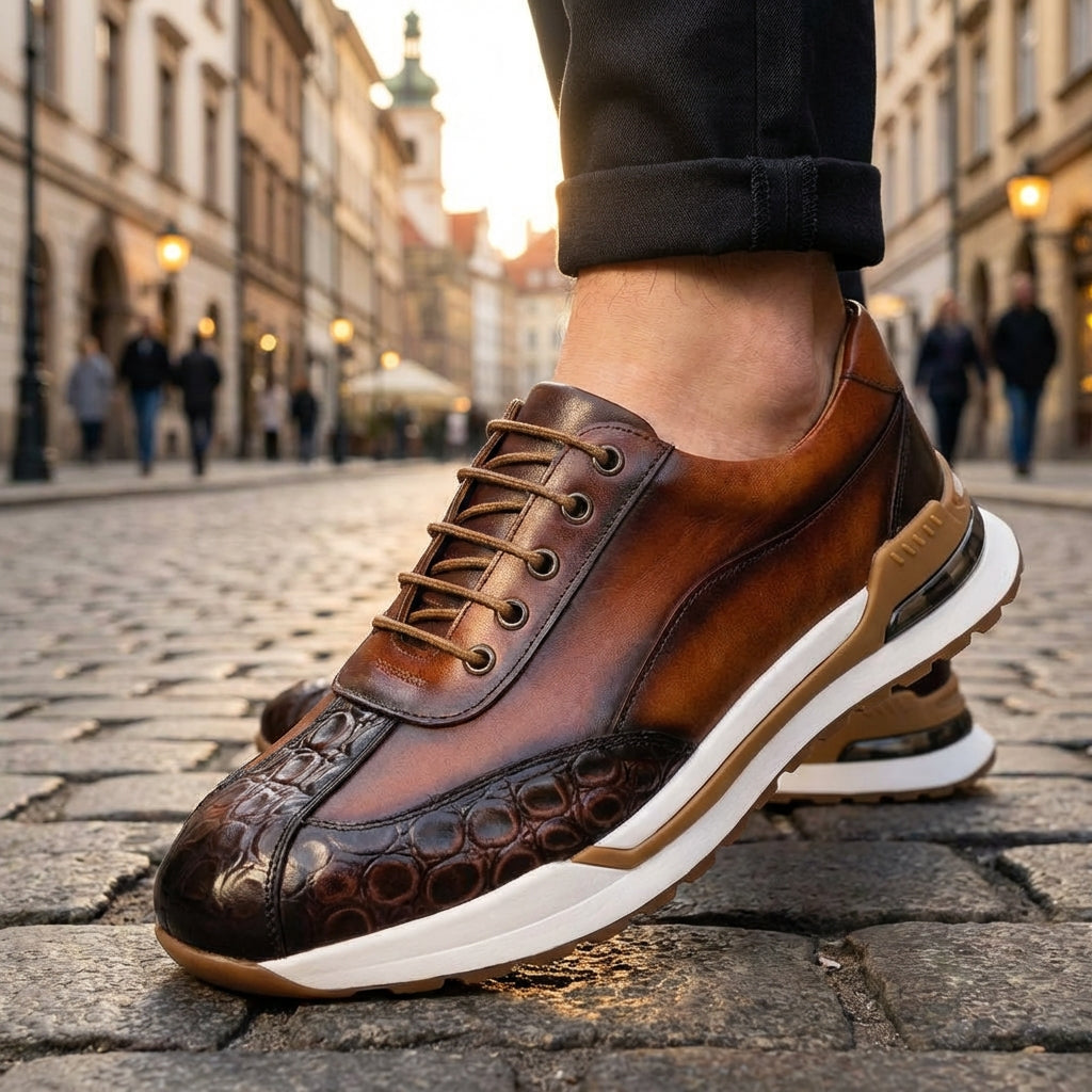 Men's Lace-Up Sneakers Burnished Embossed Panel White Sole Smart Casual