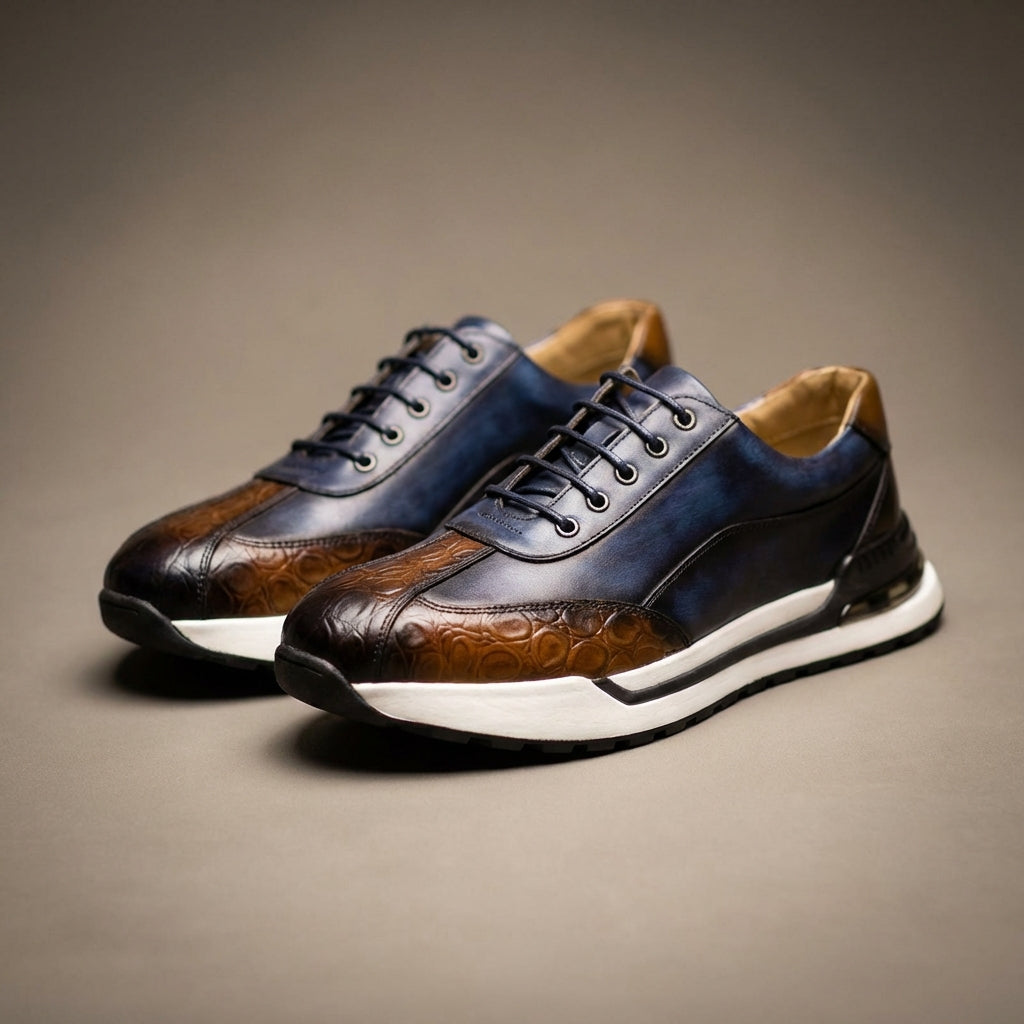 Men's Lace-Up Sneakers Burnished Embossed Panel White Sole Smart Casual