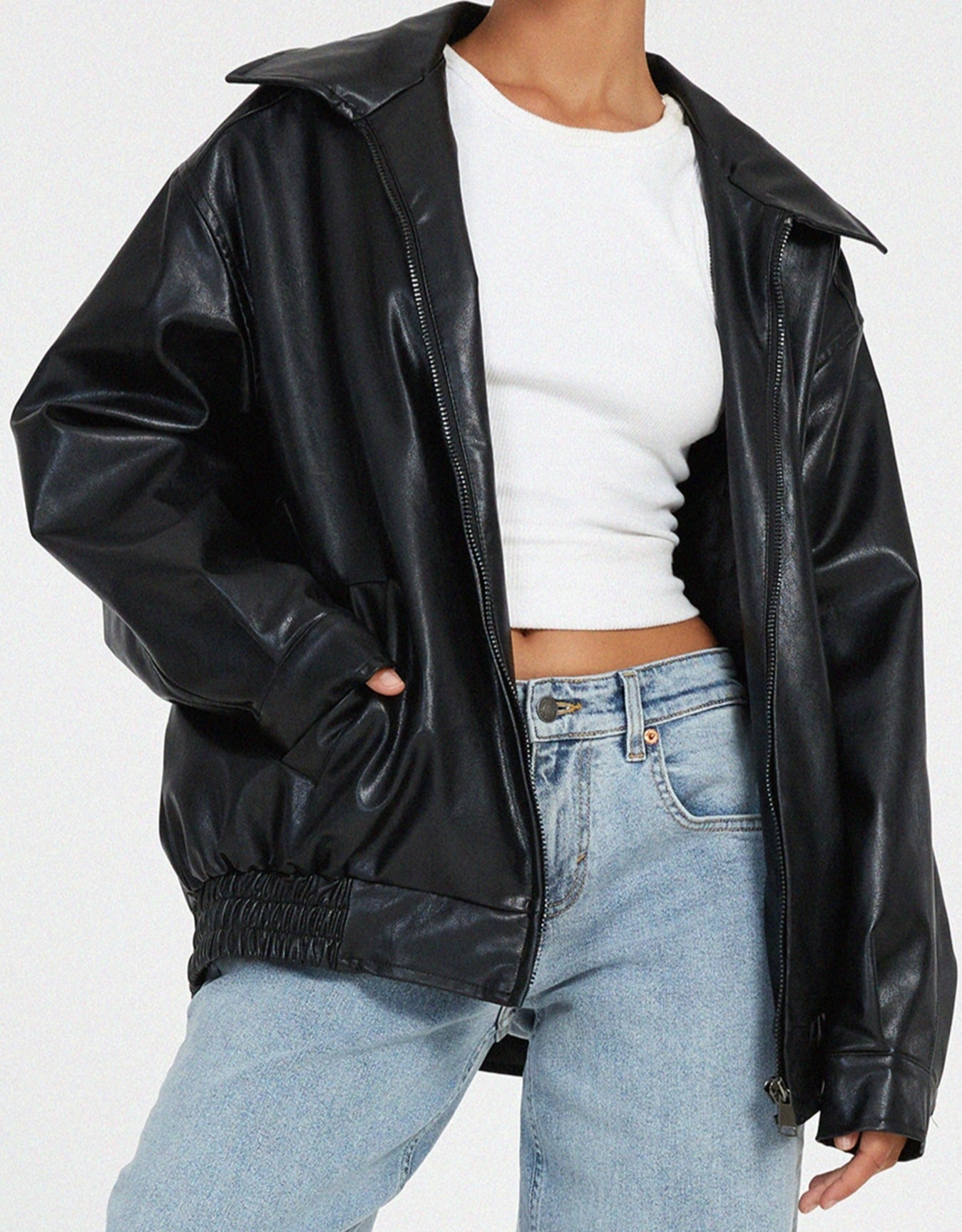 Women's Oversized Leather Bomber Jacket Black Casual Layering