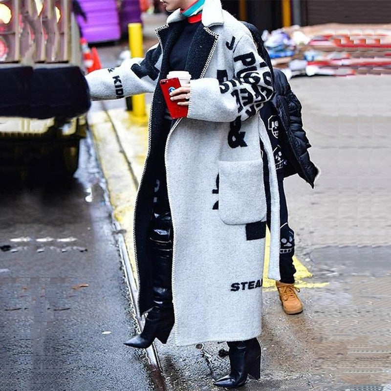 Women's Wool Coat Long Designer Pattern Elegant Warm Dress Outerwear