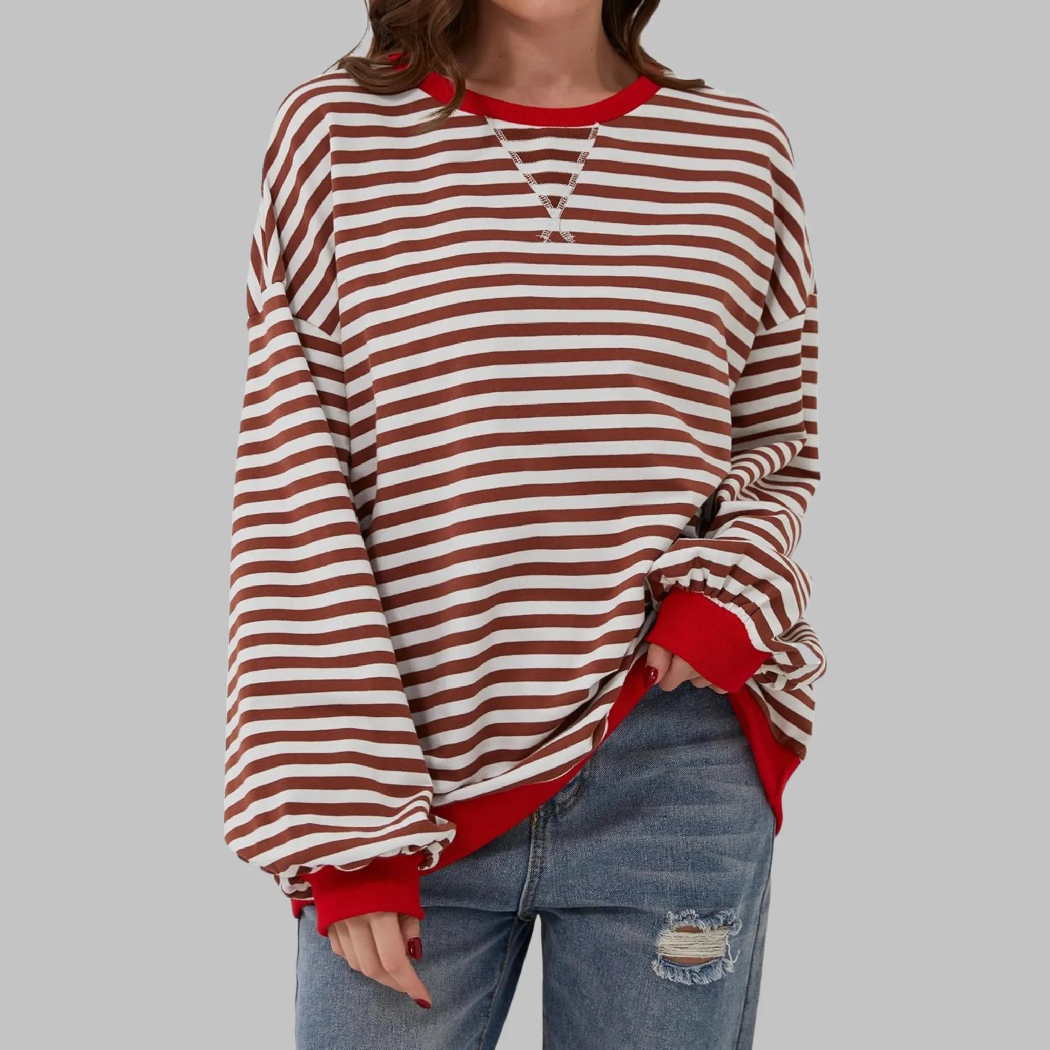 Women's Striped Shirt Long Sleeve Round Neck Casual Top Relaxed Everyday Wear