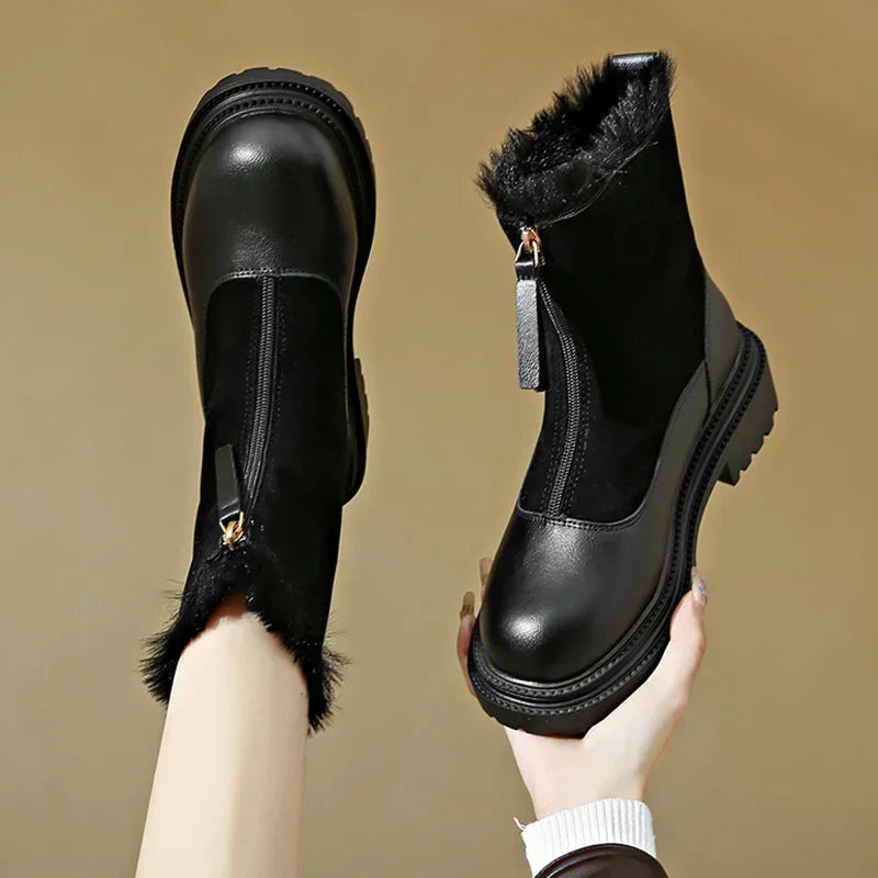 Women's Winter Boots Snow Shoes Chunky Sole Front Zip Warm Casual