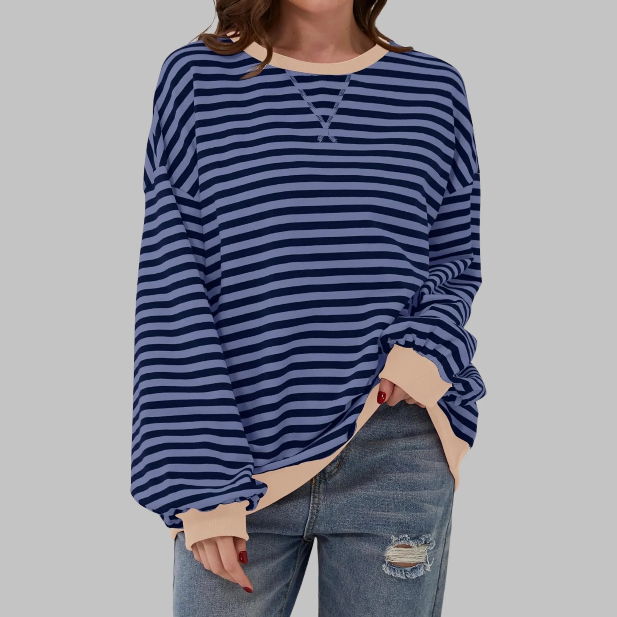 Women's Striped Jumper Cotton Blend Loose Fit Round Neck Long Sleeve Casual Pullover Sweater Multicolour Relaxed Everyday Knit Top