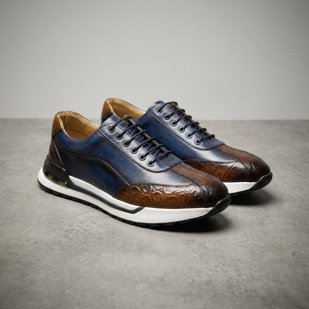 Men's Lace-Up Sneakers Burnished Embossed Panel White Sole Smart Casual