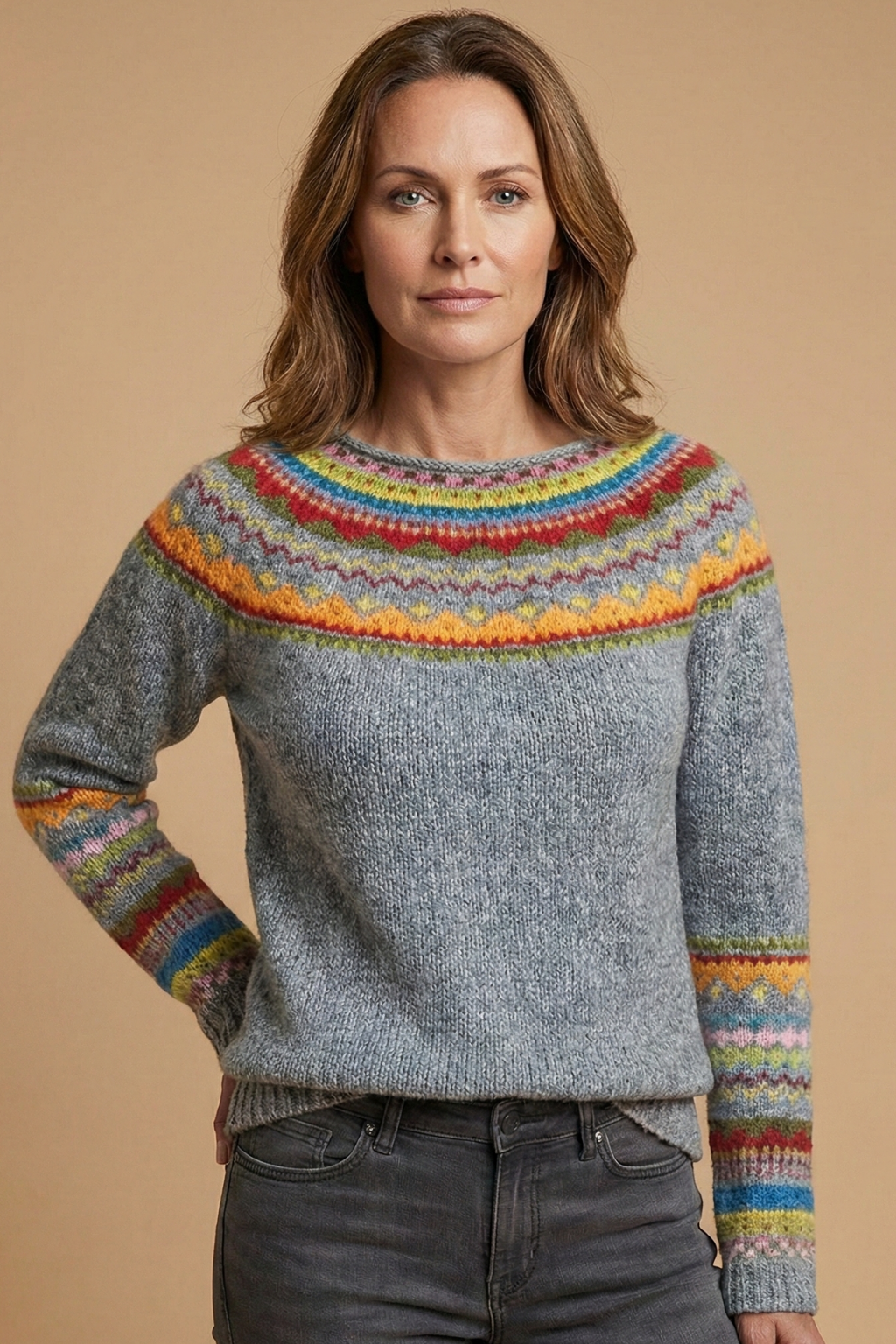 Women's Knit Jumper Round Neck Patterned Chest Casual Everyday Pullover