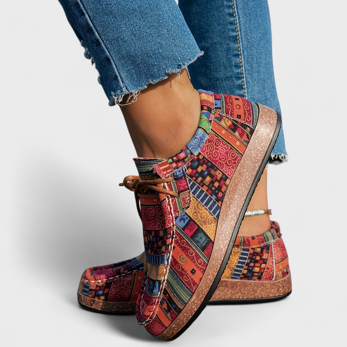 Women's Lace-Up Casual Shoes Round Toe Flat Patchwork Print Comfortable Everyday
