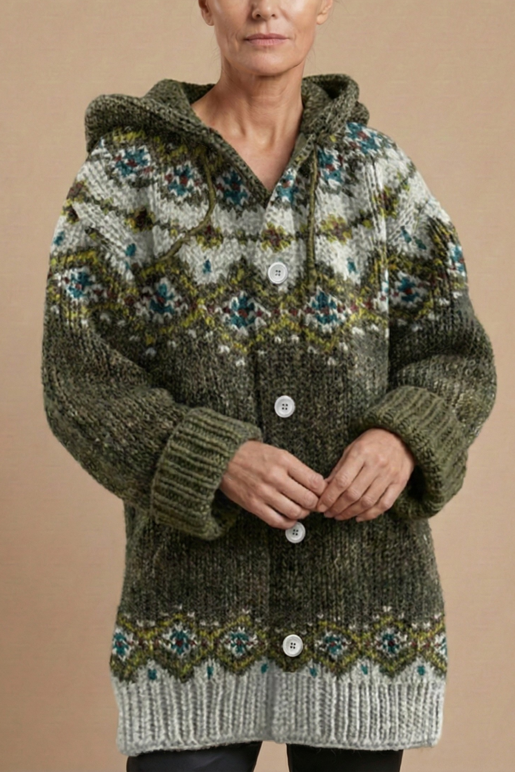 Women's Knit Cardigan with Hood Button Front Patterned Relaxed Casual