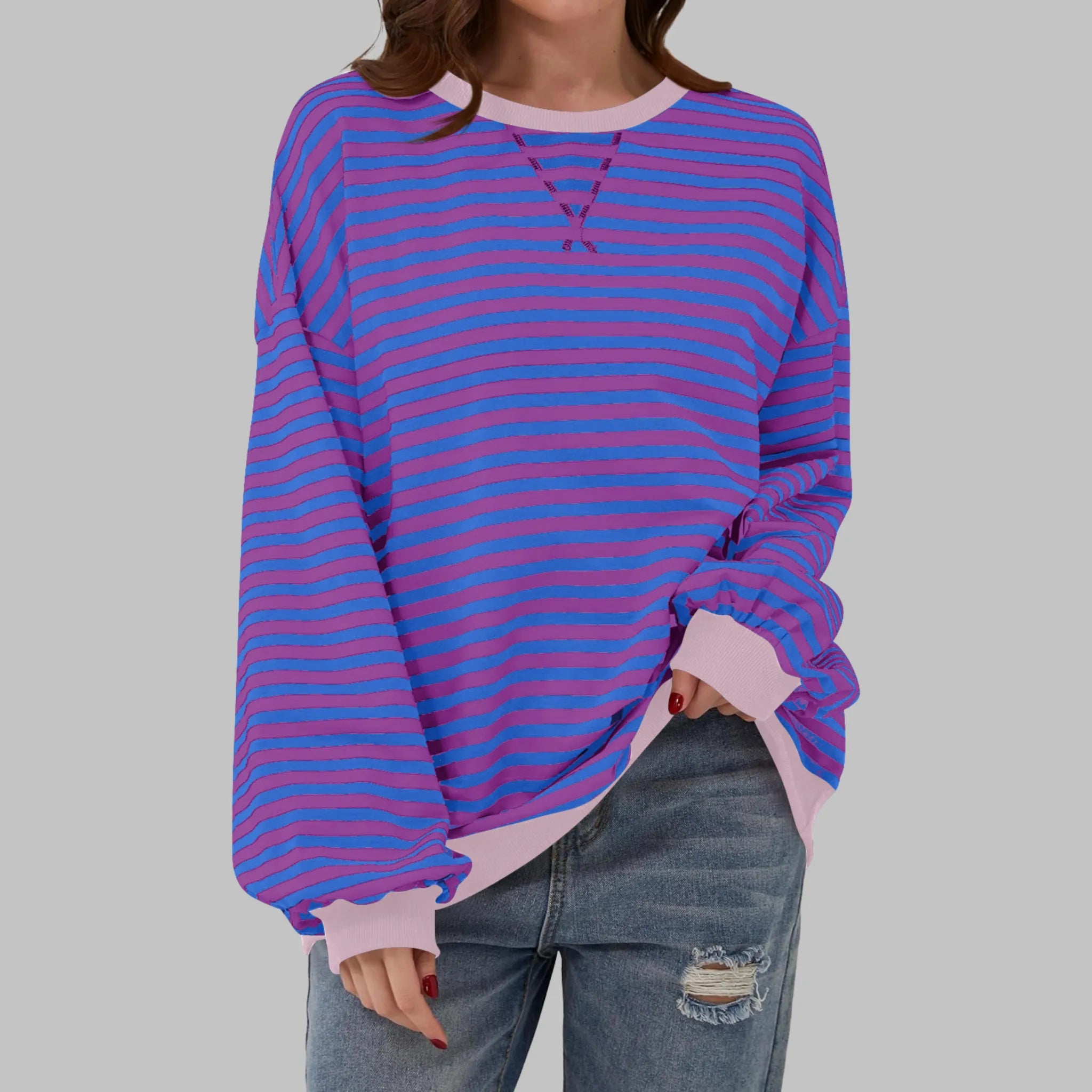 Women's Striped Jumper Cotton Blend Loose Fit Round Neck Long Sleeve Casual Pullover Sweater Multicolour Relaxed Everyday Knit Top