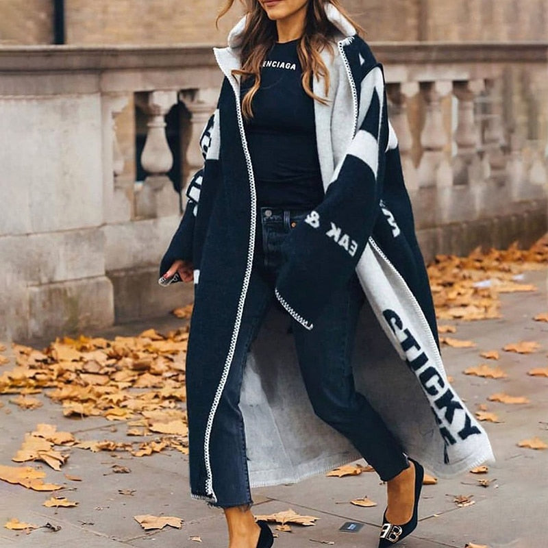 Women's Wool Coat Long Designer Pattern Elegant Warm Dress Outerwear