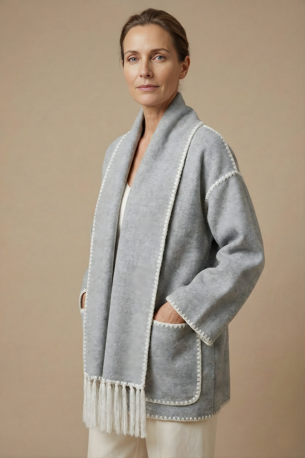 Women's Fringed Scarf Coat Open Front Long Sleeve Wrap Casual