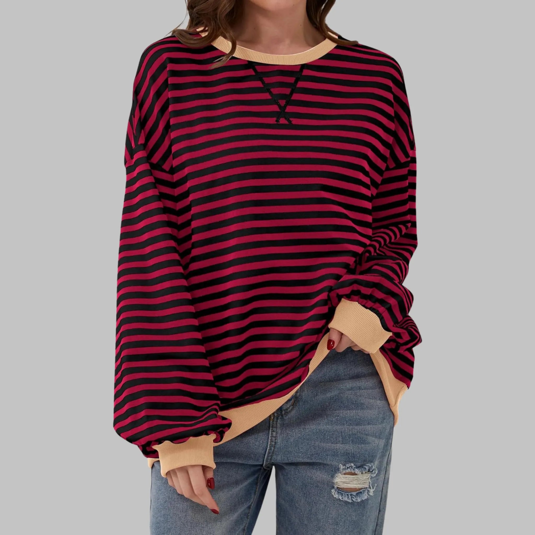 Women's Striped Shirt Long Sleeve Round Neck Casual Top Relaxed Everyday Wear