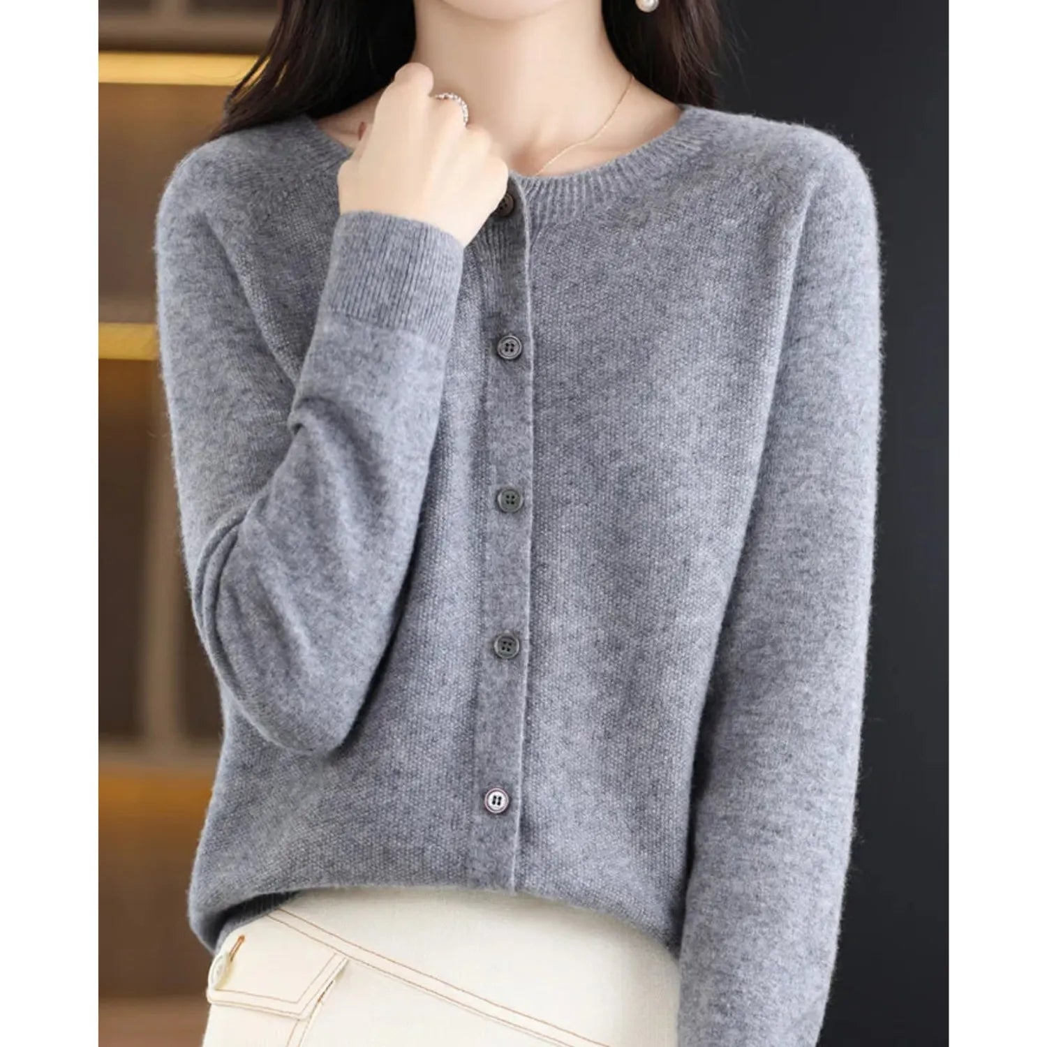 Women's Merino Wool Cardigan O-Neck Cashmere Jumper Warm Knit