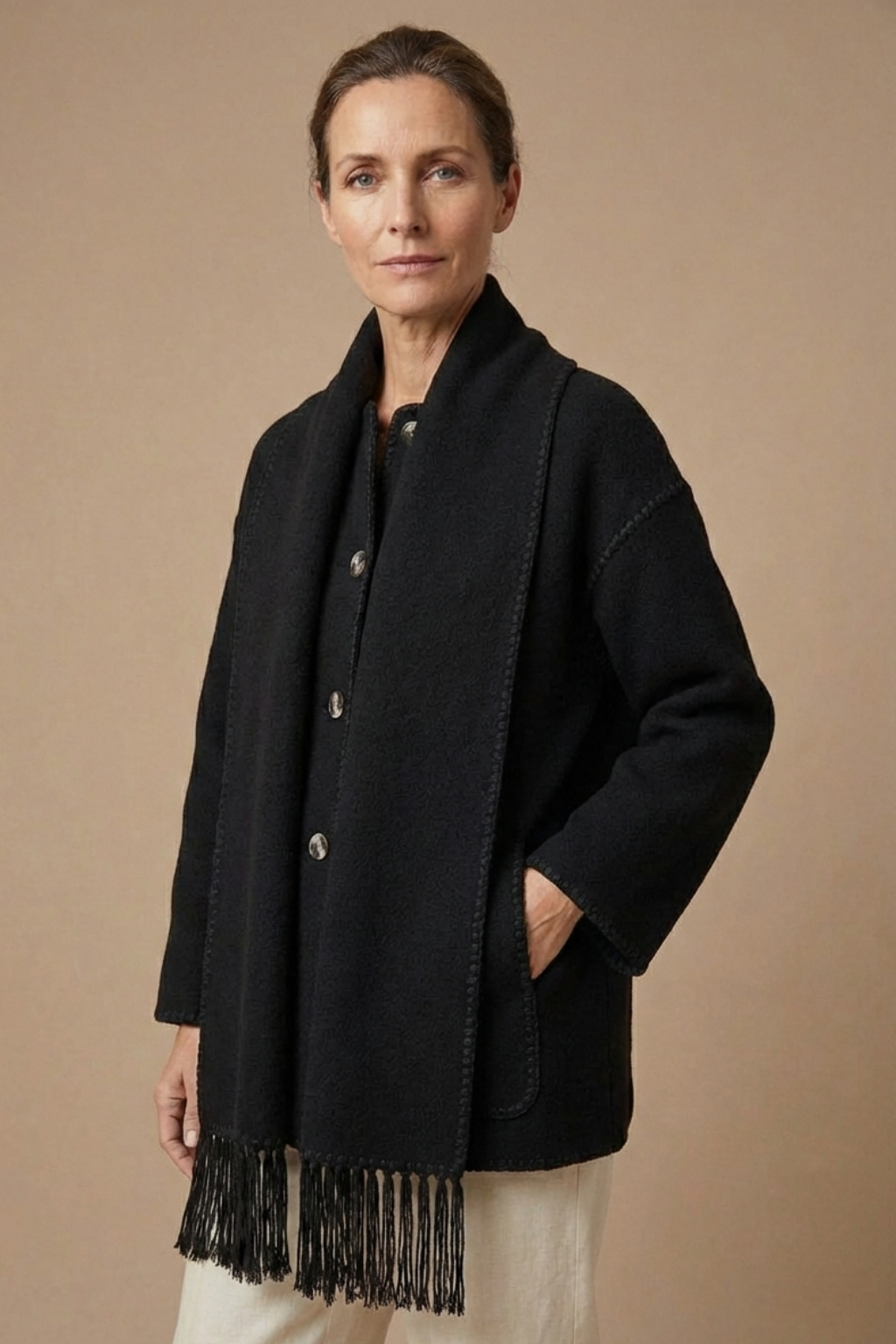 Women's Fringed Scarf Coat Open Front Long Sleeve Wrap Casual