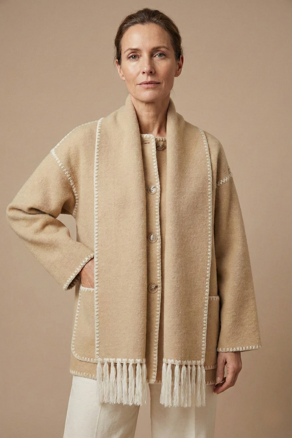 Women's Fringed Scarf Coat Open Front Long Sleeve Wrap Casual