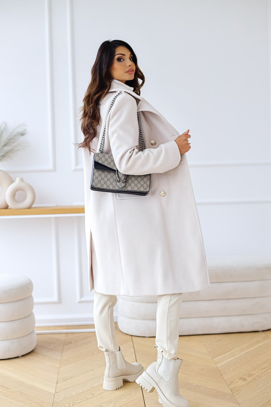 Women's Double Breasted Coat Gold Button Mid-Length A-Line Wide Lapel