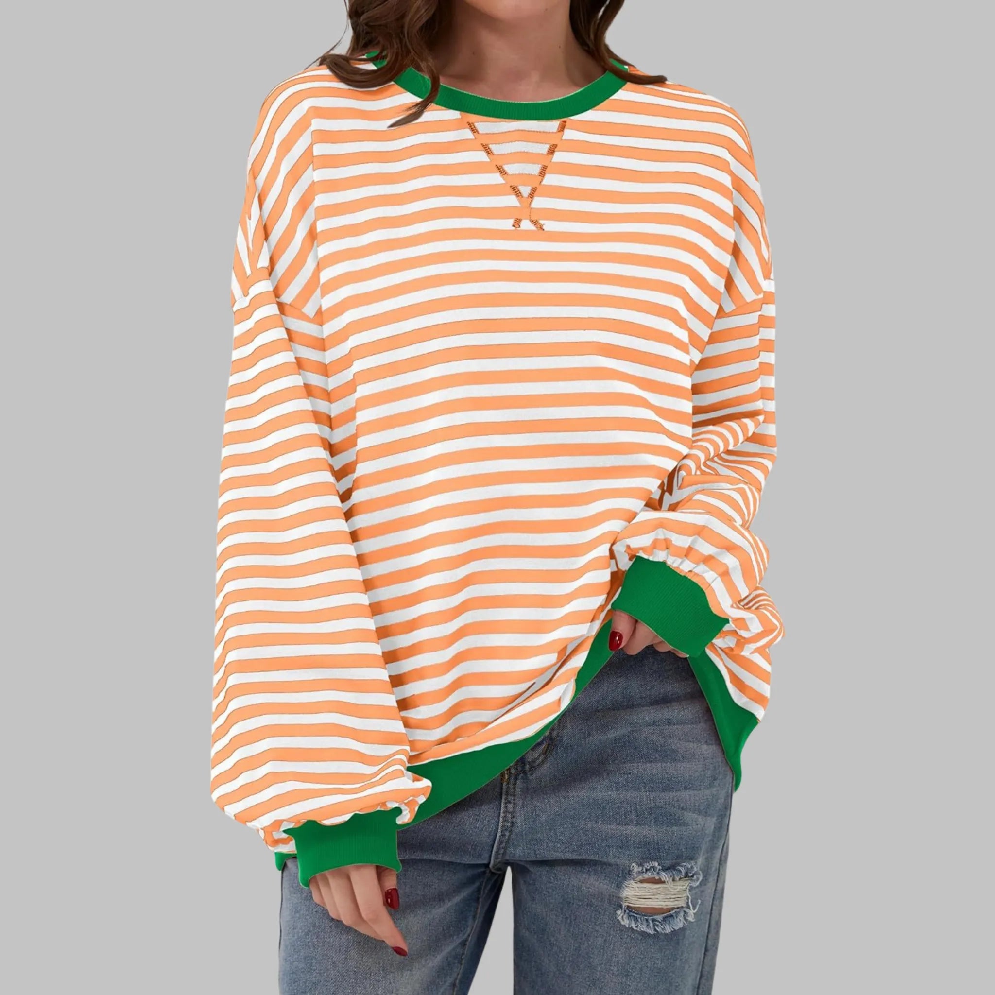 Women's Striped Jumper Cotton Blend Loose Fit Round Neck Long Sleeve Casual Pullover Sweater Multicolour Relaxed Everyday Knit Top