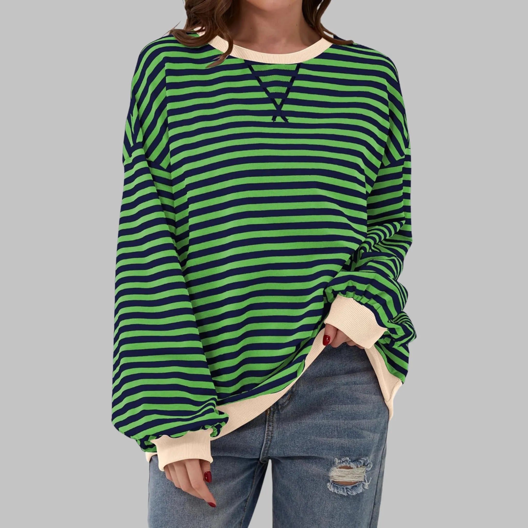 Women's Striped Jumper Cotton Blend Loose Fit Round Neck Long Sleeve Casual Pullover Sweater Multicolour Relaxed Everyday Knit Top