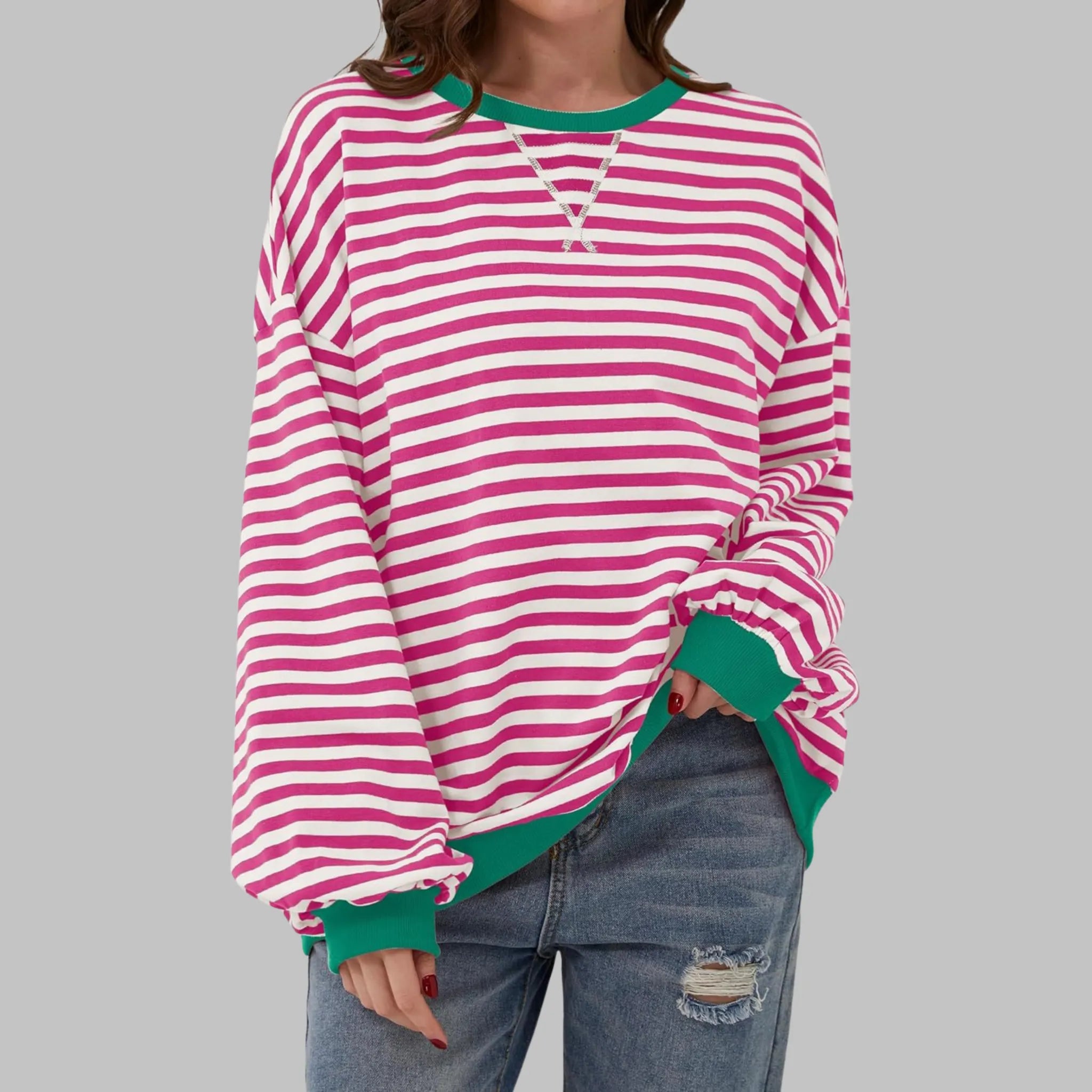 Women's Striped Jumper Cotton Blend Loose Fit Round Neck Long Sleeve Casual Pullover Sweater Multicolour Relaxed Everyday Knit Top