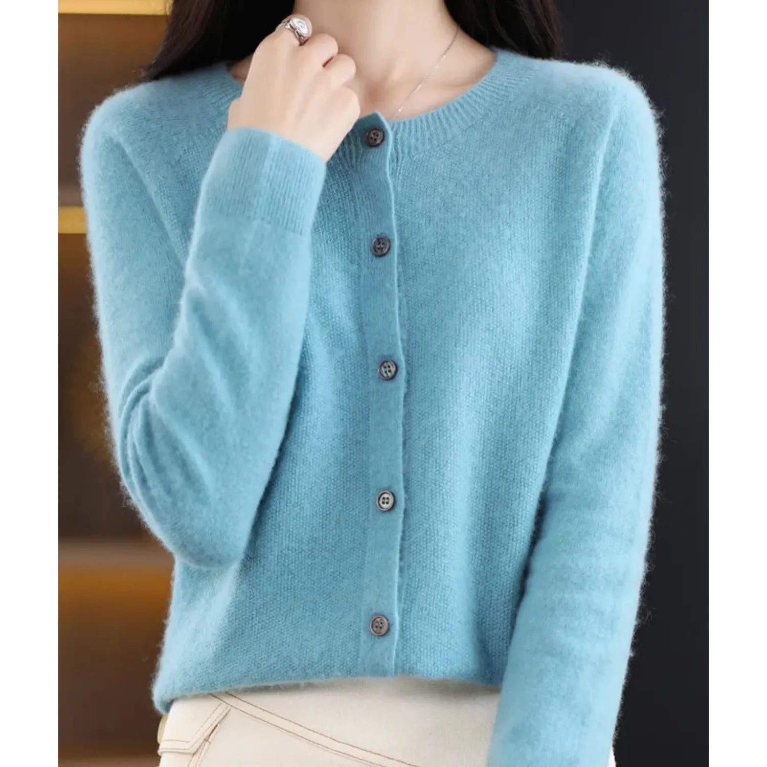 Women's Merino Wool Cardigan O-Neck Cashmere Jumper Warm Knit