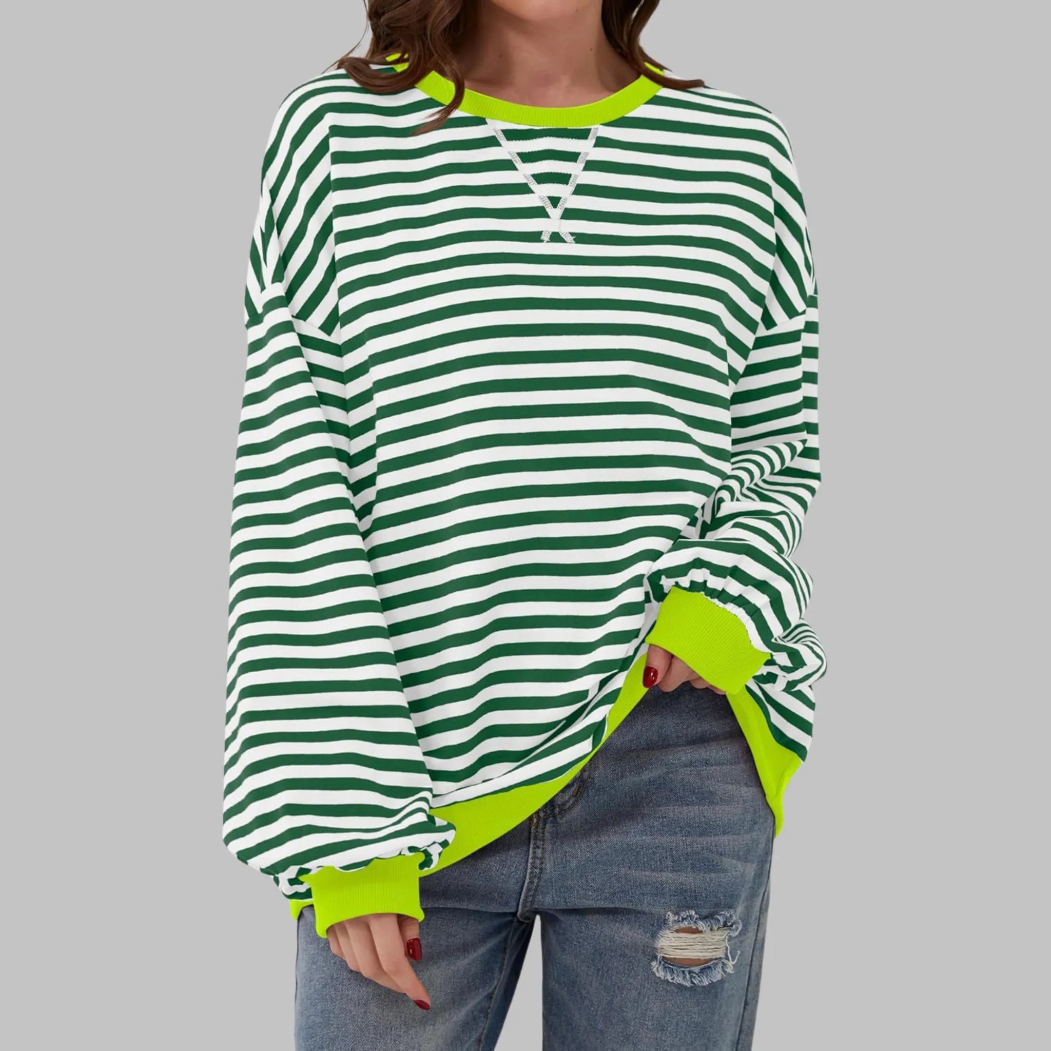 Women's Striped Jumper Cotton Blend Loose Fit Round Neck Long Sleeve Casual Pullover Sweater Multicolour Relaxed Everyday Knit Top