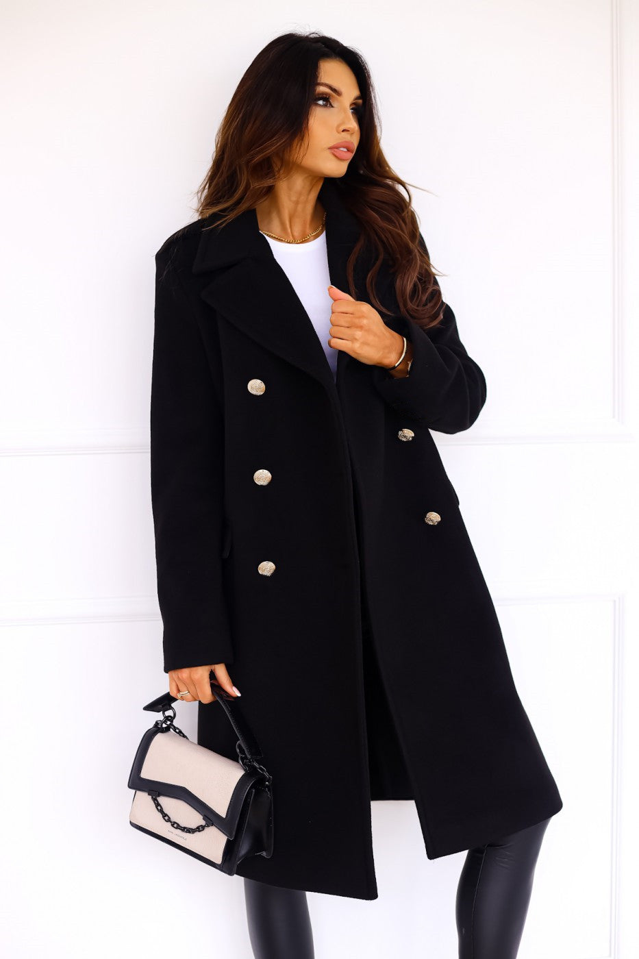 Women's Double Breasted Coat Gold Button Mid-Length A-Line Wide Lapel