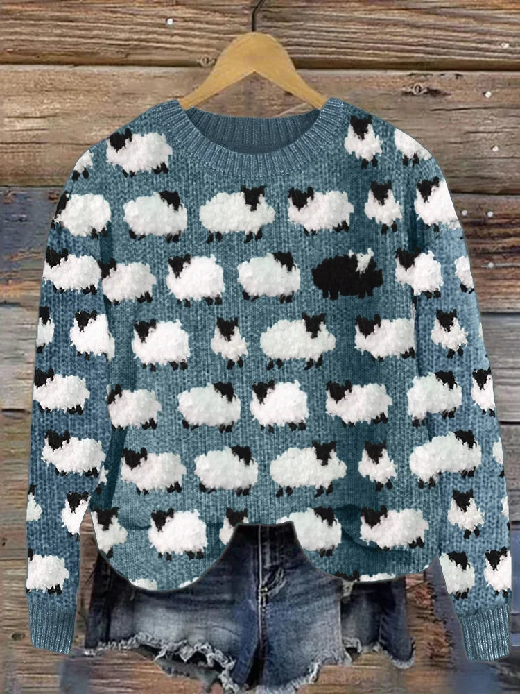 Women's Novelty Knit Sweater Sheep Print Relaxed Fit Cosy Casual Pullover Cute Animal Pattern Jumper Everyday Winter Warm Soft Knit