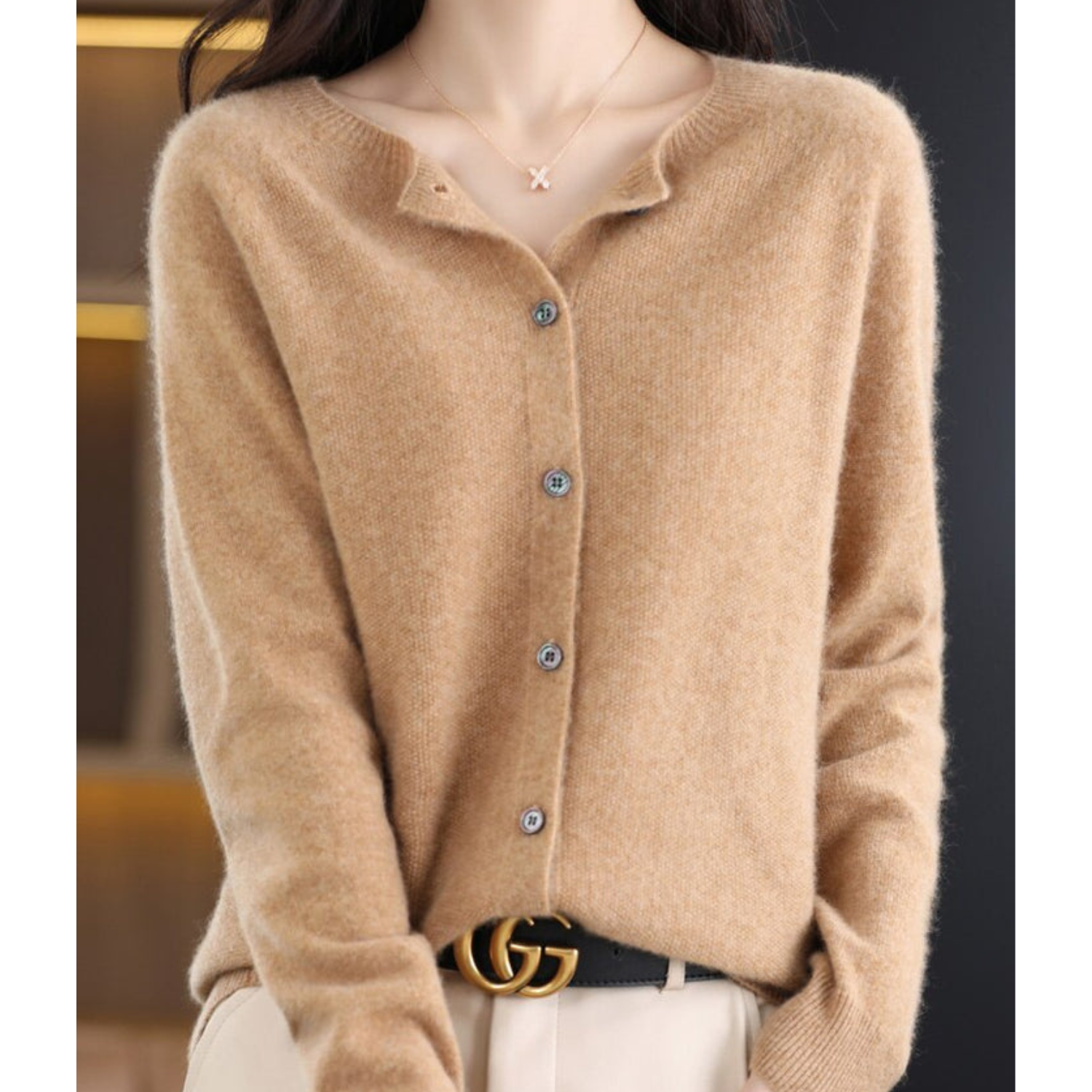 Women's Merino Wool Cardigan O-Neck Cashmere Jumper Warm Knit