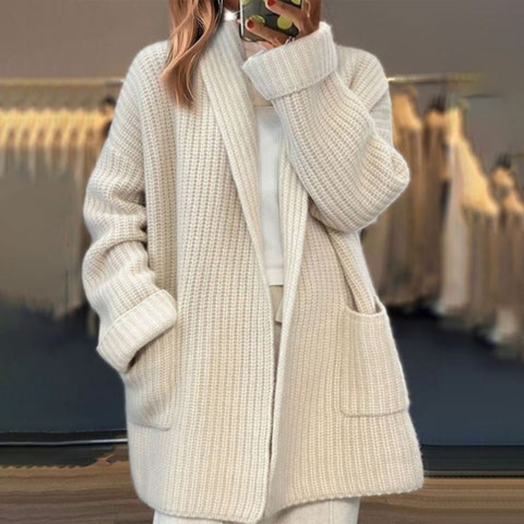 Wool Cardigan Oversized Open Front Ribbed Knit Women's Cosy Everyday Layer Beige Camel