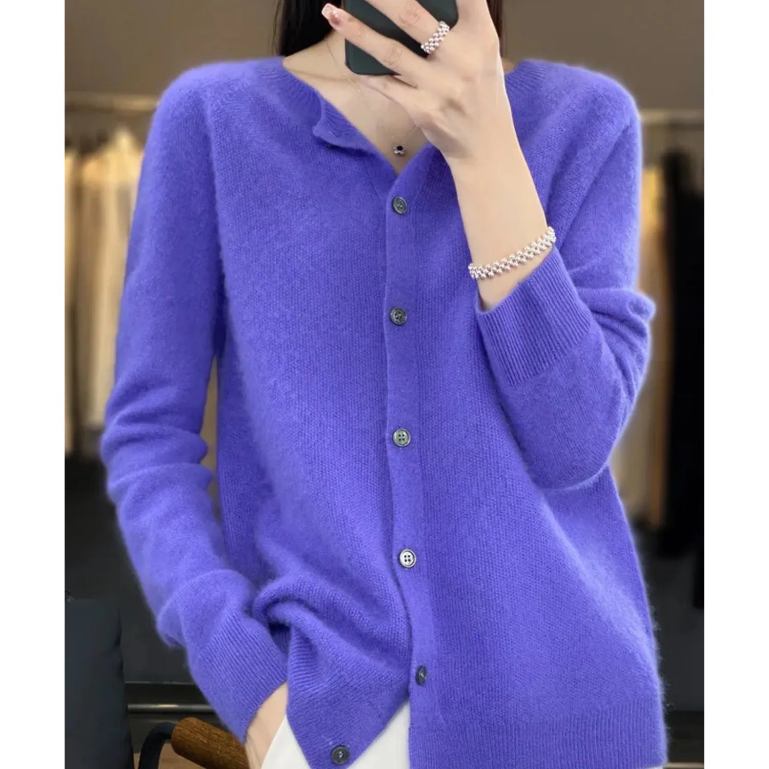 Women's Merino Wool Cardigan O-Neck Cashmere Jumper Warm Knit