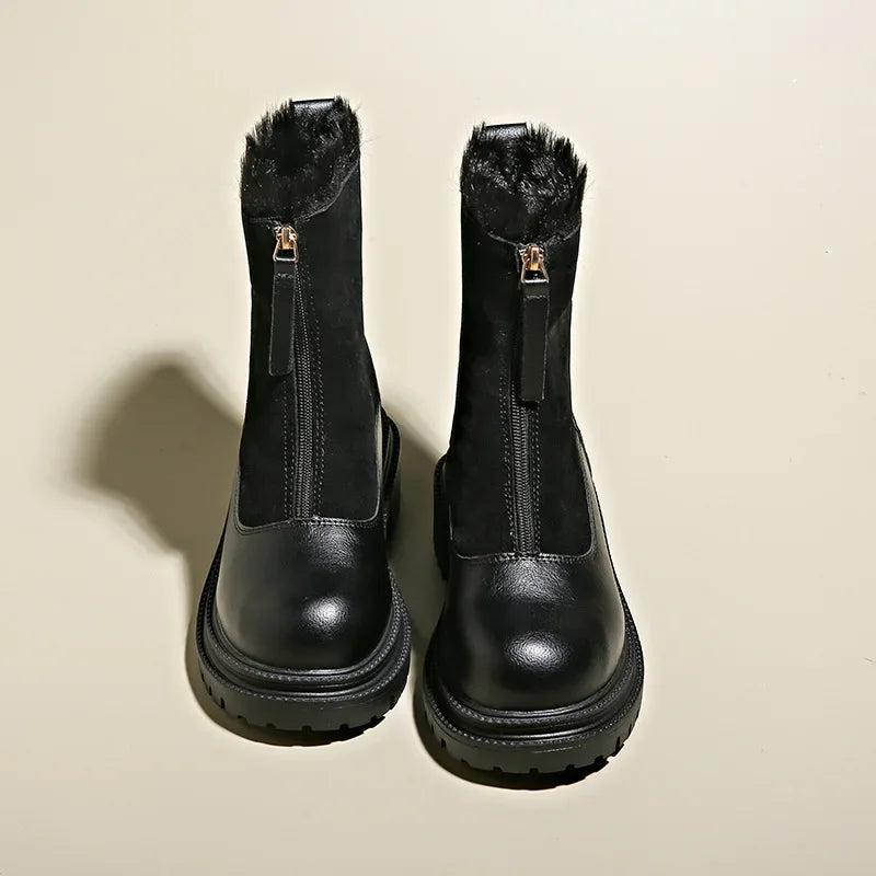 Women's Winter Boots Snow Shoes Chunky Sole Front Zip Warm Casual