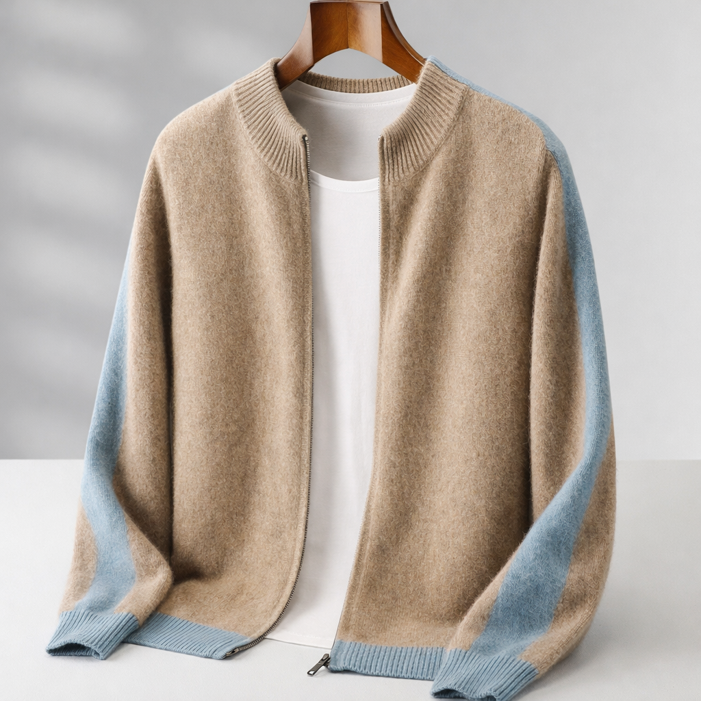 Men's Zip-Up Knit Jacket Contrast Sleeve Ribbed Collar Autumn Winter