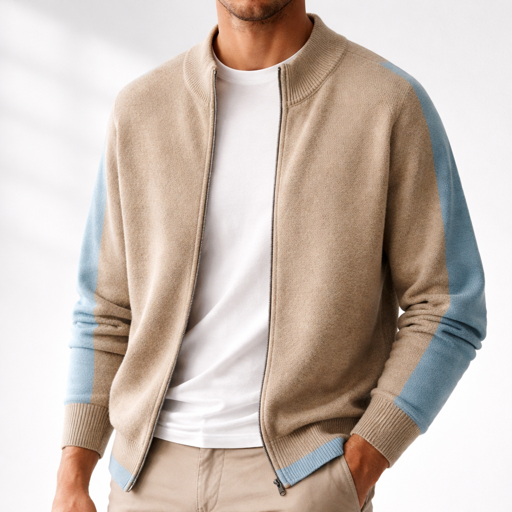 Men's Zip-Up Knit Jacket Contrast Sleeve Ribbed Collar Autumn Winter