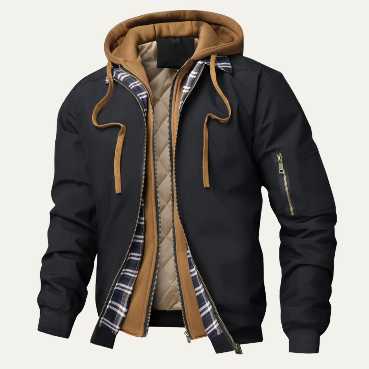 Men's Hooded Bomber Jacket Quilted Lining Plaid Zip Navy Black