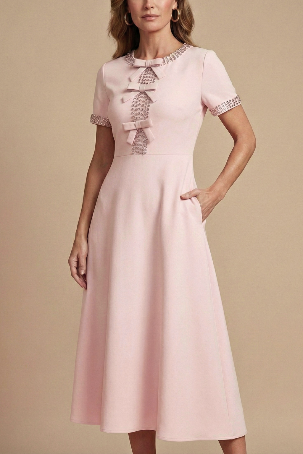 Women's Midi Dress Crystal Embellished Jewel Neck Evening Formal