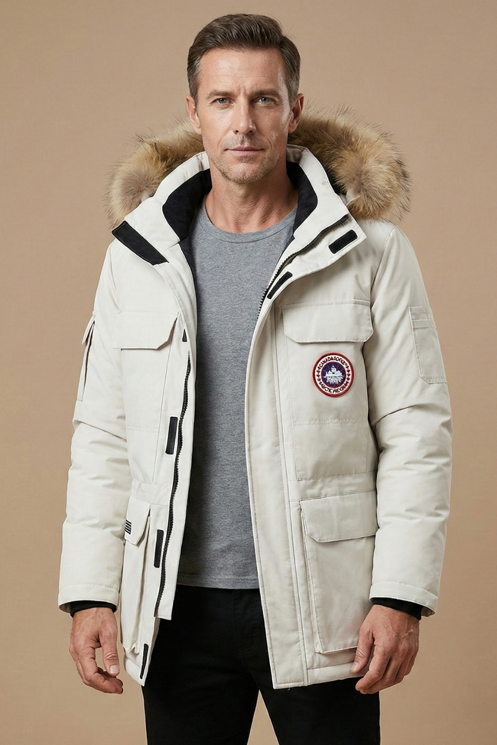 Men's Fur-Trim Hooded Parka Insulated Winter Jacket Utility Pockets