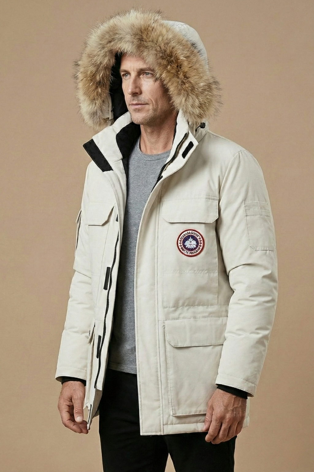 Men's Fur-Trim Hooded Parka Insulated Winter Jacket Utility Pockets