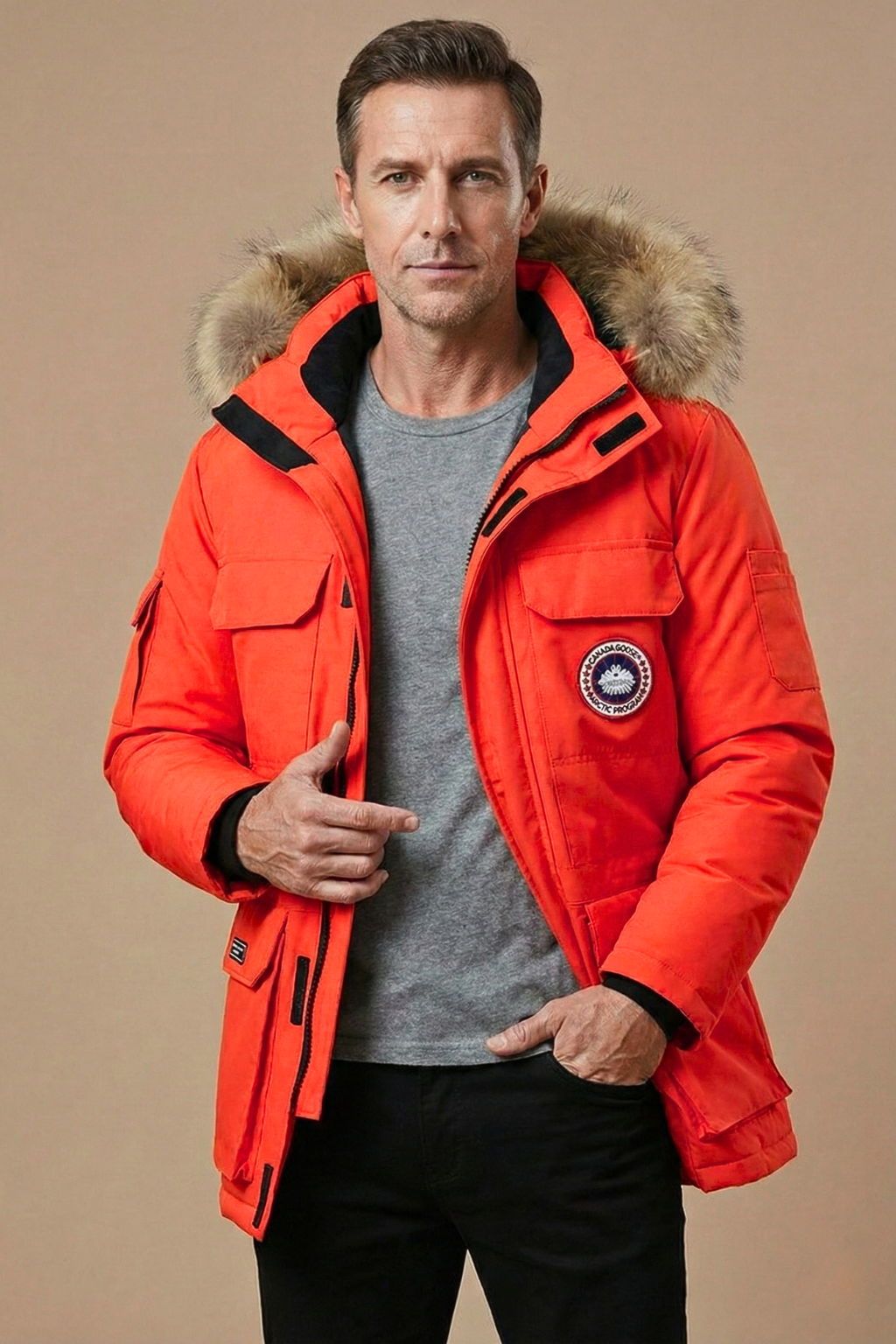 Men's Fur-Trim Hooded Parka Insulated Winter Jacket Utility Pockets