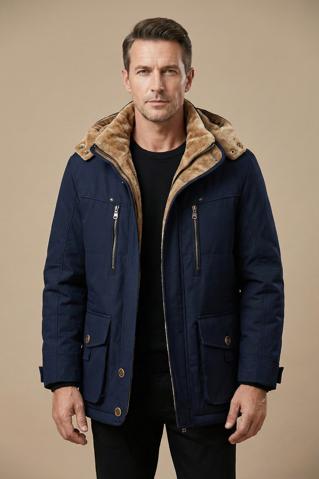 Men's Winter Parka Jacket Insulated Hooded Utility Zip Button Closure