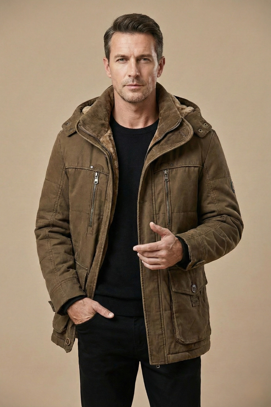 Men's Winter Parka Jacket Insulated Hooded Utility Zip Button Closure