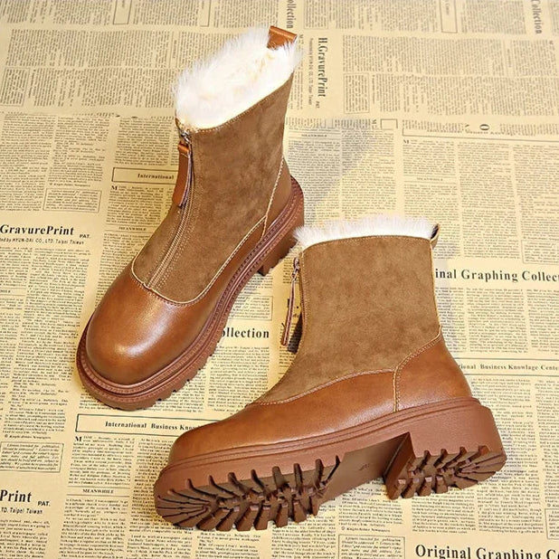 Women's Winter Boots Snow Shoes Chunky Sole Front Zip Warm Casual