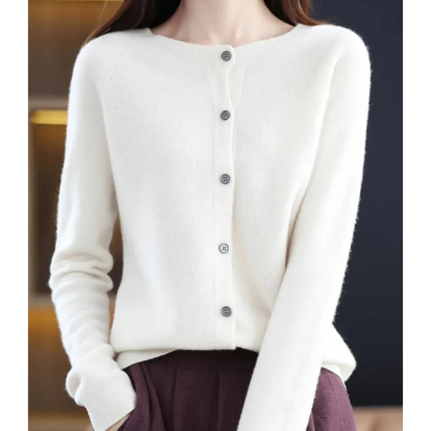 Women's Merino Wool Cardigan O-Neck Cashmere Jumper Warm Knit