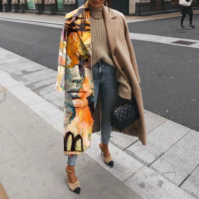 Women's Wool Coat Long Designer Pattern Elegant Warm Dress Outerwear