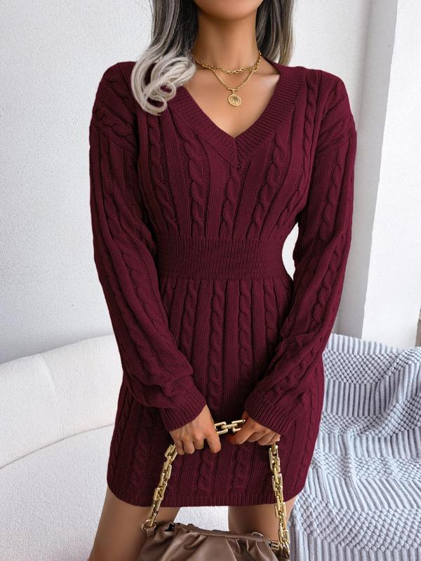 Cable Knit Sweater Dress Long Sleeve V-Neck Cosy Knitted Midi Dress Women Autumn Winter