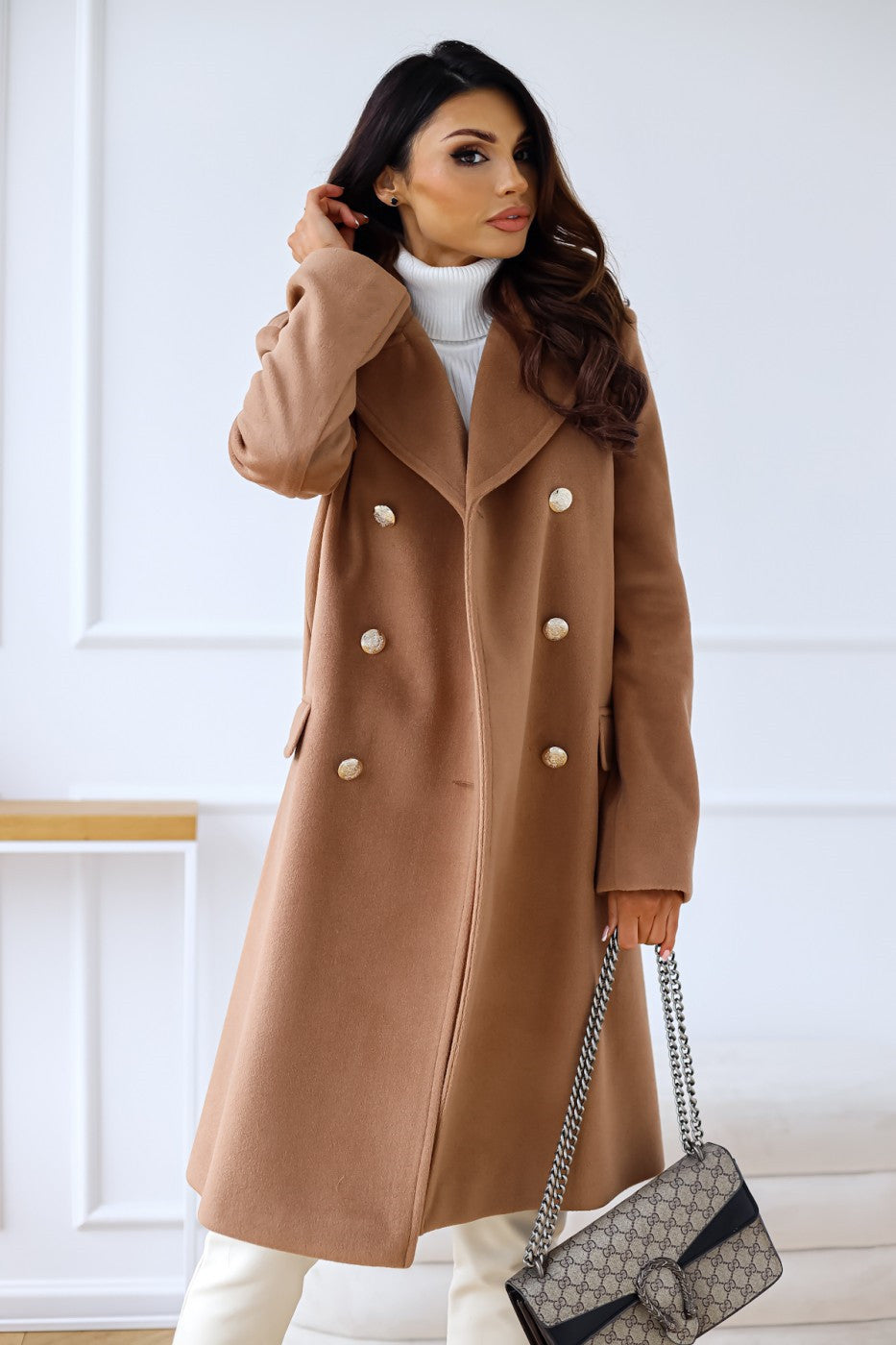 Women's Double Breasted Coat Gold Button Mid-Length A-Line Wide Lapel