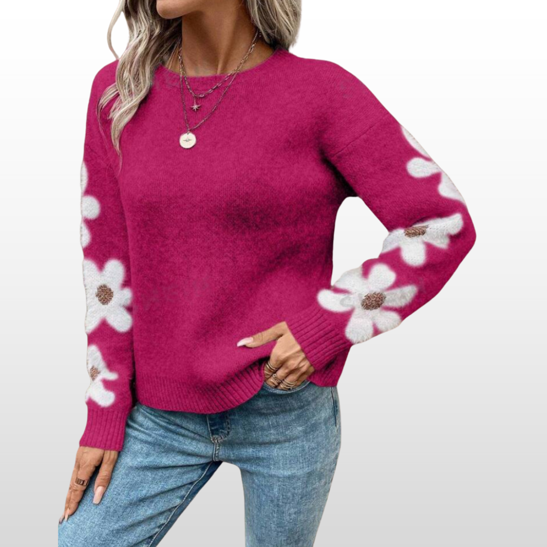 Women's Floral Sweater Round Neck Loose Fit Autumn Winter Knit Pullover Ladies Casual Cosy Long Sleeve Knitwear Warm Top