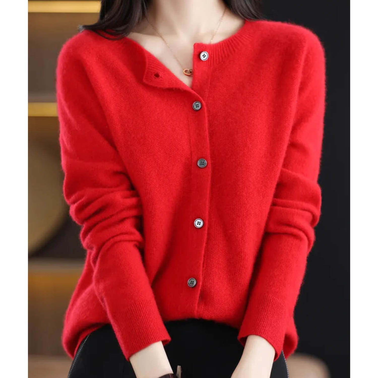Women's Merino Wool Cardigan O-Neck Cashmere Jumper Warm Knit