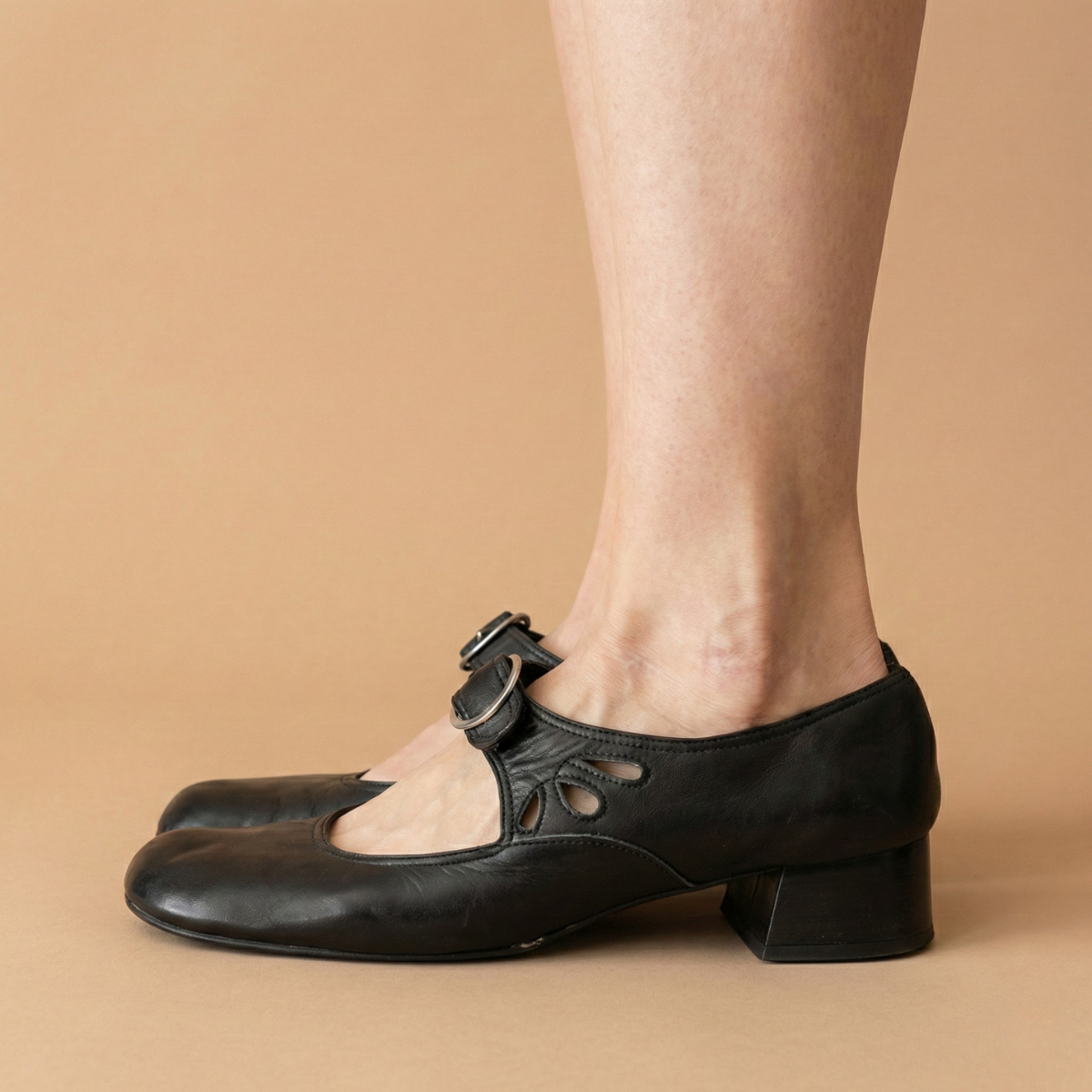 Women's Mary Jane Shoes Leather Buckle Strap Low Block Heel