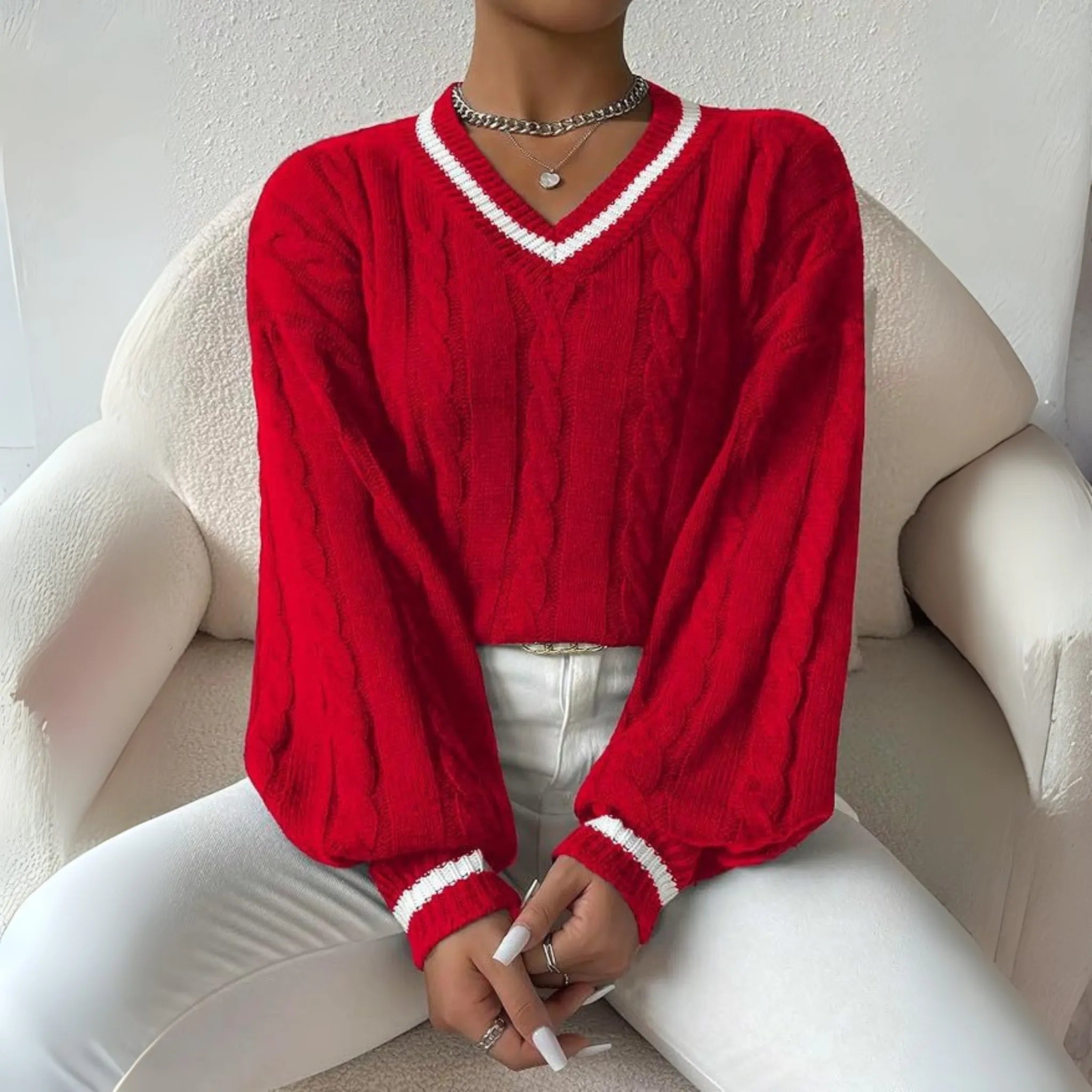 Women's V-Neck Knit Sweater – Relaxed Long-Sleeve All-Season Pullover